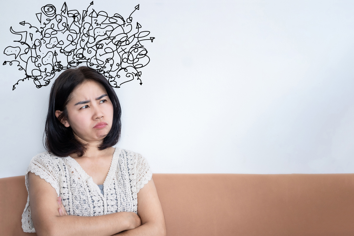 mental health concept with stress Asian woman over thinking with deep negative thoughts